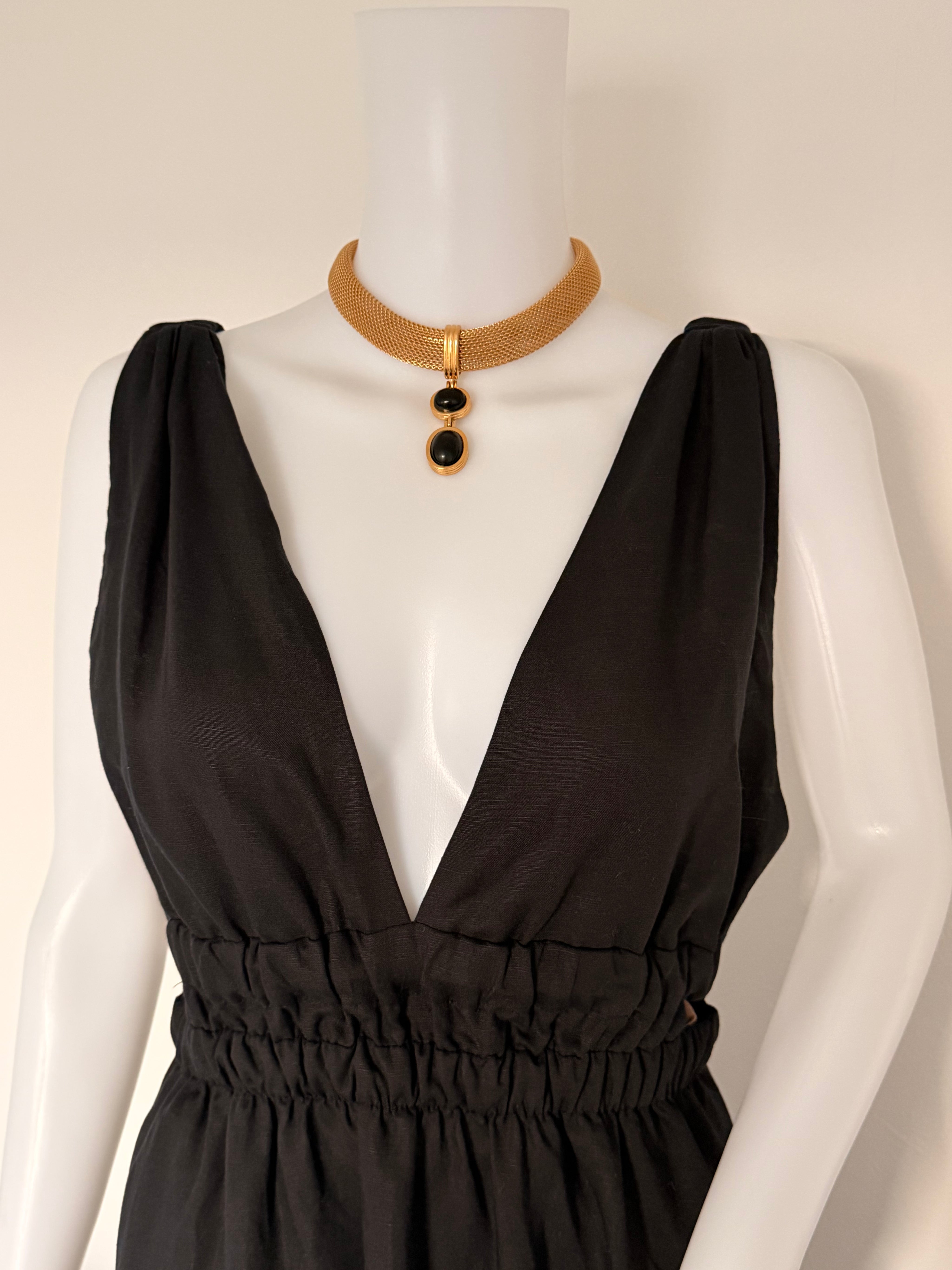 Vintage Givenchy Choker Necklace Gold Mesh Onyx