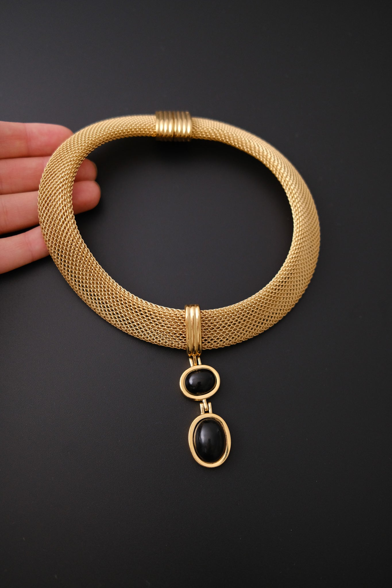 Vintage Givenchy Choker Necklace Gold Mesh Onyx