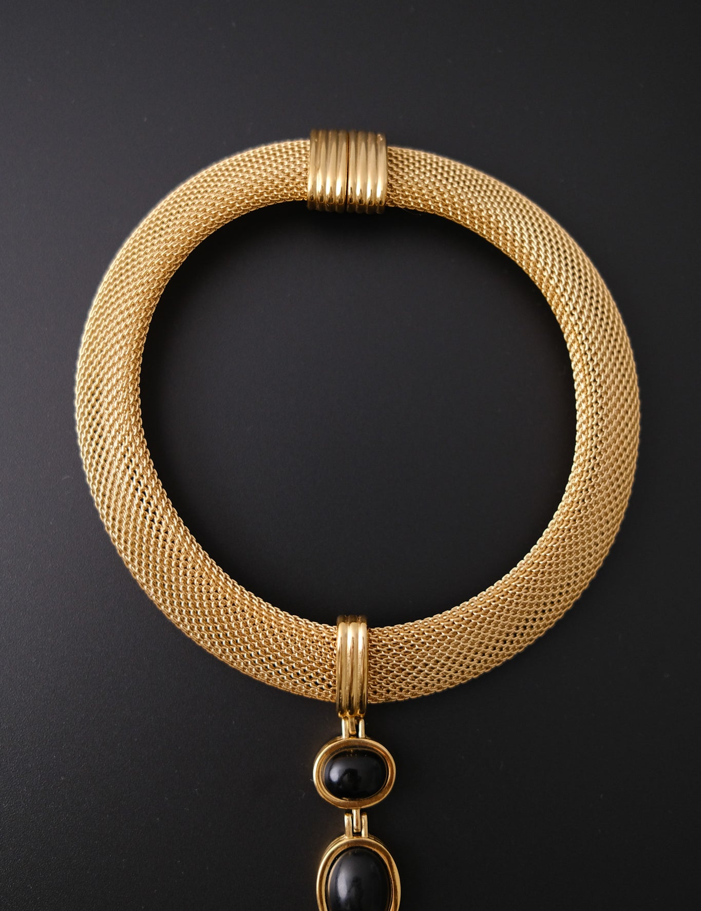 Vintage GIVENCHY Gold-Tone Mesh &amp; Black Cabochon Necklace