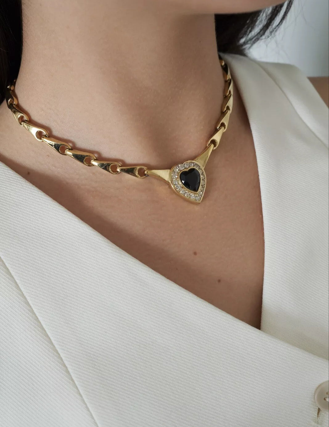 Vintage NINA RICCI Necklace, Heart Charm Necklace, Black Rhinestone Choker Necklace, Gold Tone Necklace, Vintage Rhinestone, Gift for Her