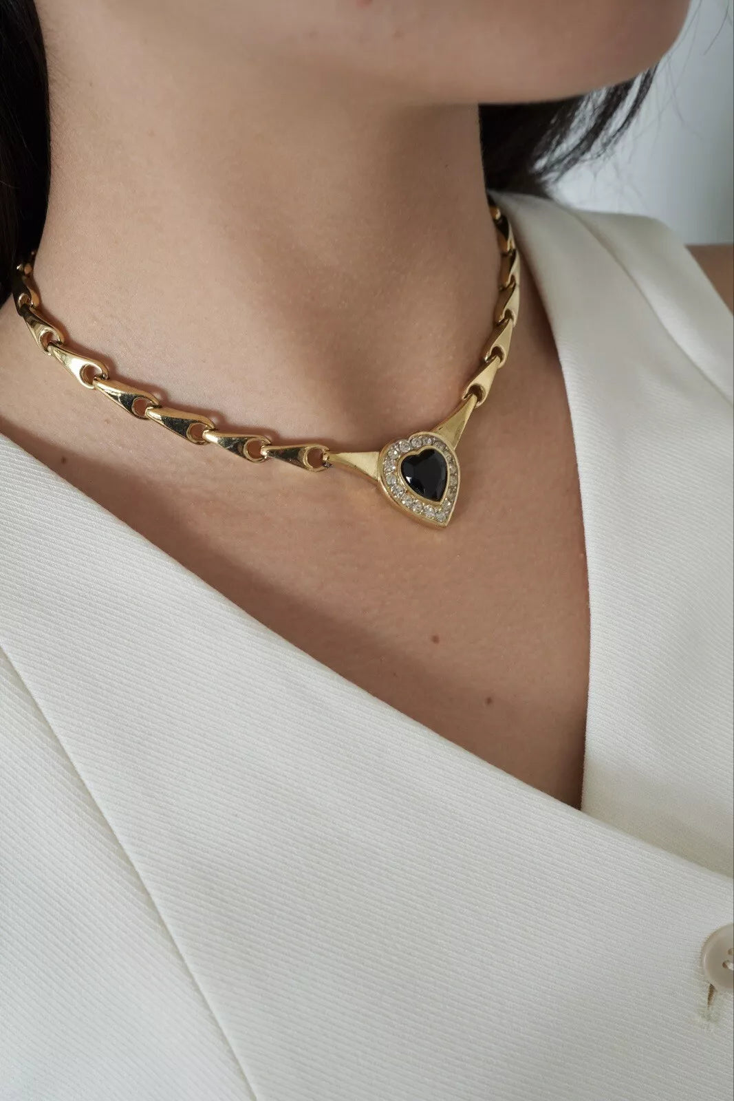 Vintage NINA RICCI Necklace, Heart Charm Necklace, Black Rhinestone Choker Necklace, Gold Tone Necklace, Vintage Rhinestone, Gift for Her