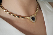 Vintage NINA RICCI Necklace, Heart Charm Necklace, Black Rhinestone Choker Necklace, Gold Tone Necklace, Vintage Rhinestone, Gift for Her