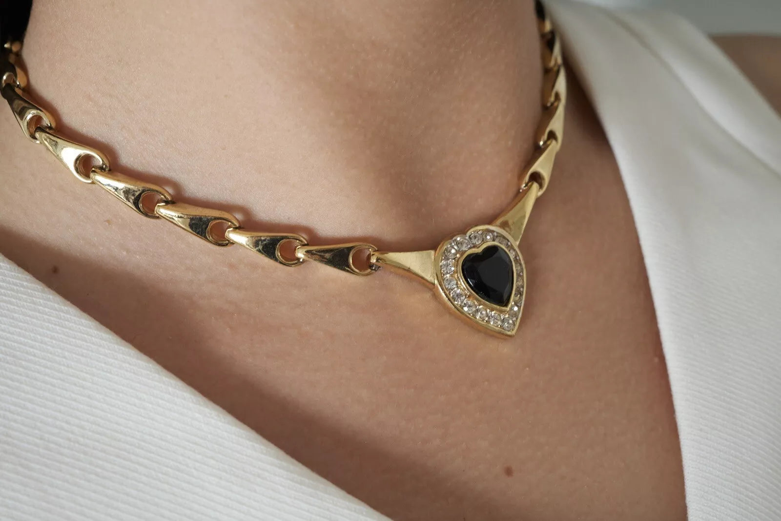 Vintage NINA RICCI Necklace, Heart Charm Necklace, Black Rhinestone Choker Necklace, Gold Tone Necklace, Vintage Rhinestone, Gift for Her