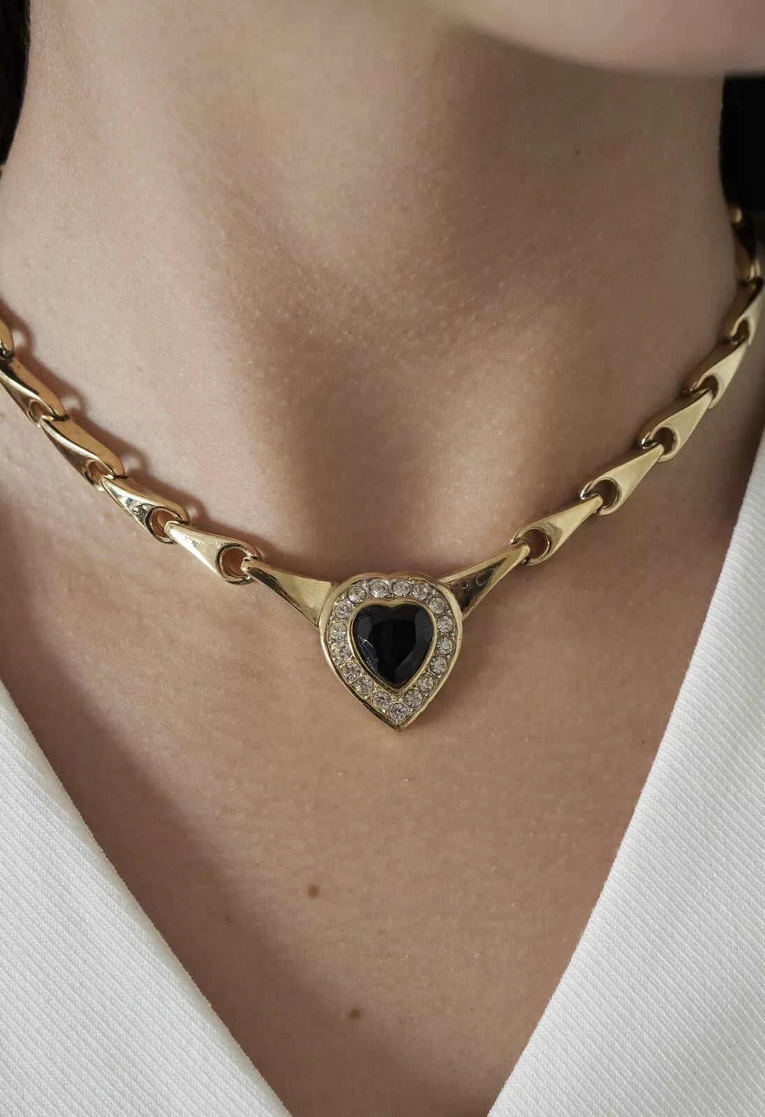 Vintage NINA RICCI Necklace, Heart Charm Necklace, Black Rhinestone Choker Necklace, Gold Tone Necklace, Vintage Rhinestone, Gift for Her