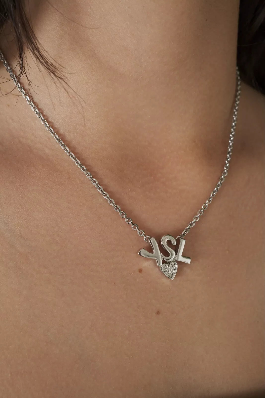 Yves Saint Laurent Silver YSL Vintage Necklace, Logo Heart Rhinestone Pendant Necklace Vintage Necklace, Dainty Necklace, Gift for women