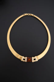 Rare vintage Christian Dior gold-tone ribbed choker necklace with smoky brown faceted crystal centerpiece