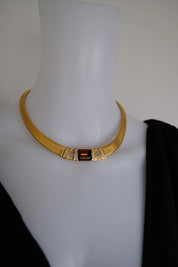 Rare vintage Christian Dior gold-tone ribbed choker necklace with smoky brown faceted crystal centerpiece