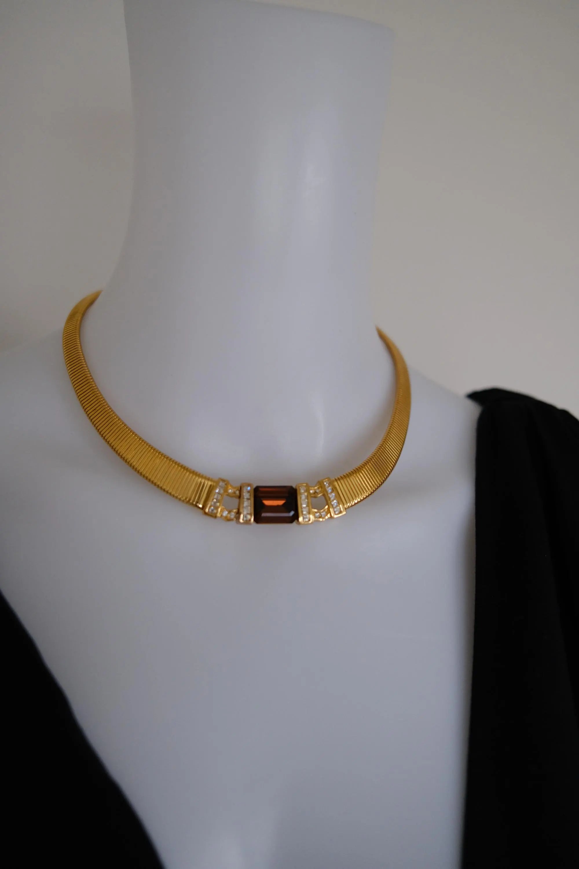 Rare vintage Christian Dior gold-tone ribbed choker necklace with smoky brown faceted crystal centerpiece