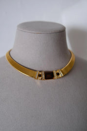 Rare vintage Christian Dior gold-tone ribbed choker necklace with smoky brown faceted crystal centerpiece