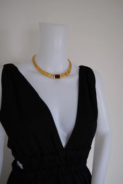 Rare vintage Christian Dior gold-tone ribbed choker necklace with smoky brown faceted crystal centerpiece