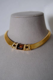 Rare vintage Christian Dior gold-tone ribbed choker necklace with smoky brown faceted crystal centerpiece