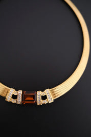 Rare vintage Christian Dior gold-tone ribbed choker necklace with smoky brown faceted crystal centerpiece