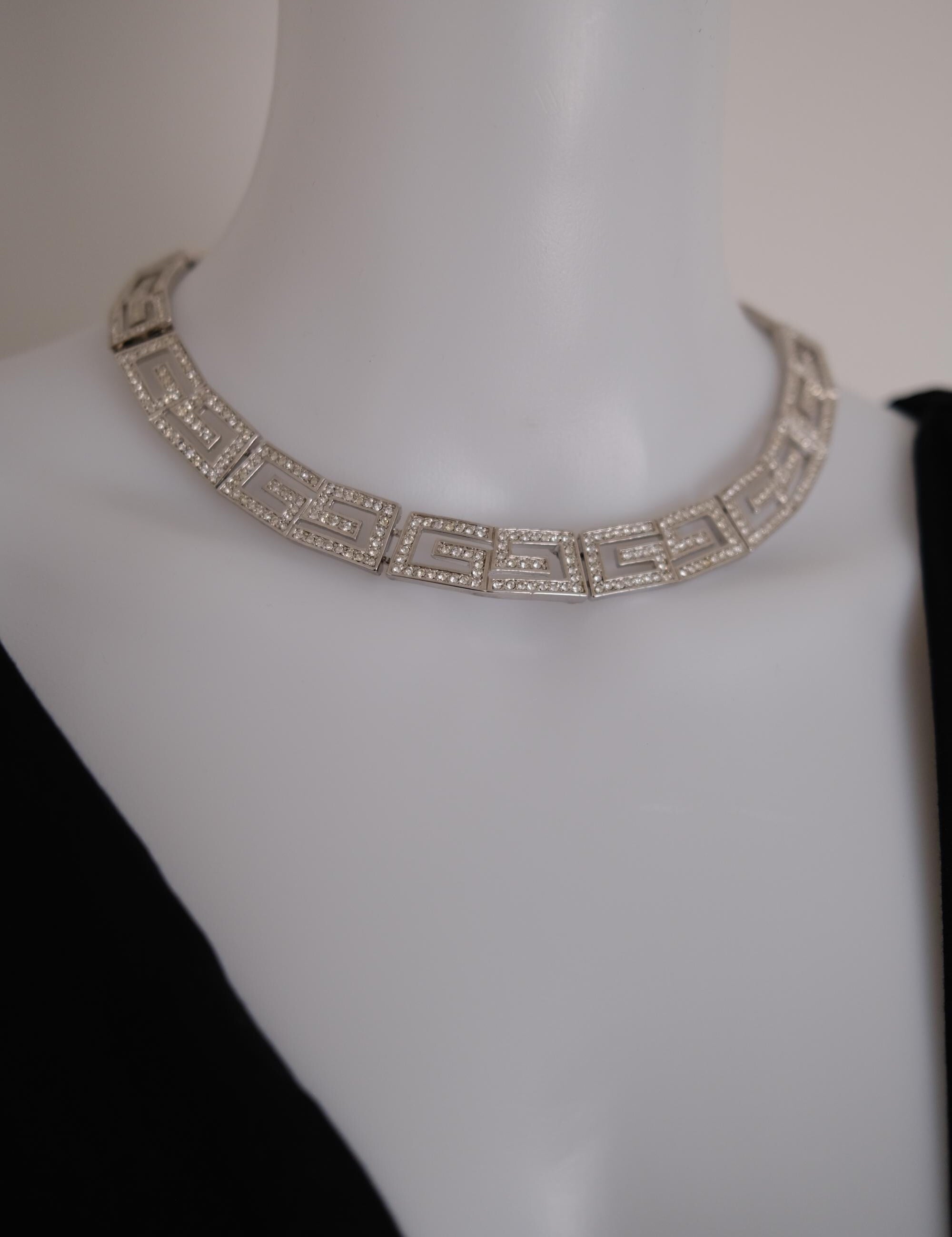 Rare vintage Givenchy crystal G logo choker necklace and matching clip-on earrings set in silver-tone metal