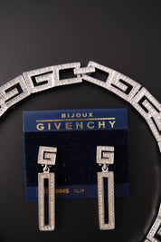 Rare vintage Givenchy crystal G logo choker necklace and matching clip-on earrings set in silver-tone metal