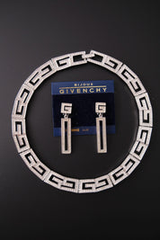 Rare vintage Givenchy crystal G logo choker necklace and matching clip-on earrings set in silver-tone metal