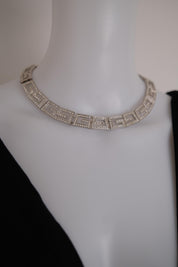 Rare vintage Givenchy crystal G logo choker necklace and matching clip-on earrings set in silver-tone metal