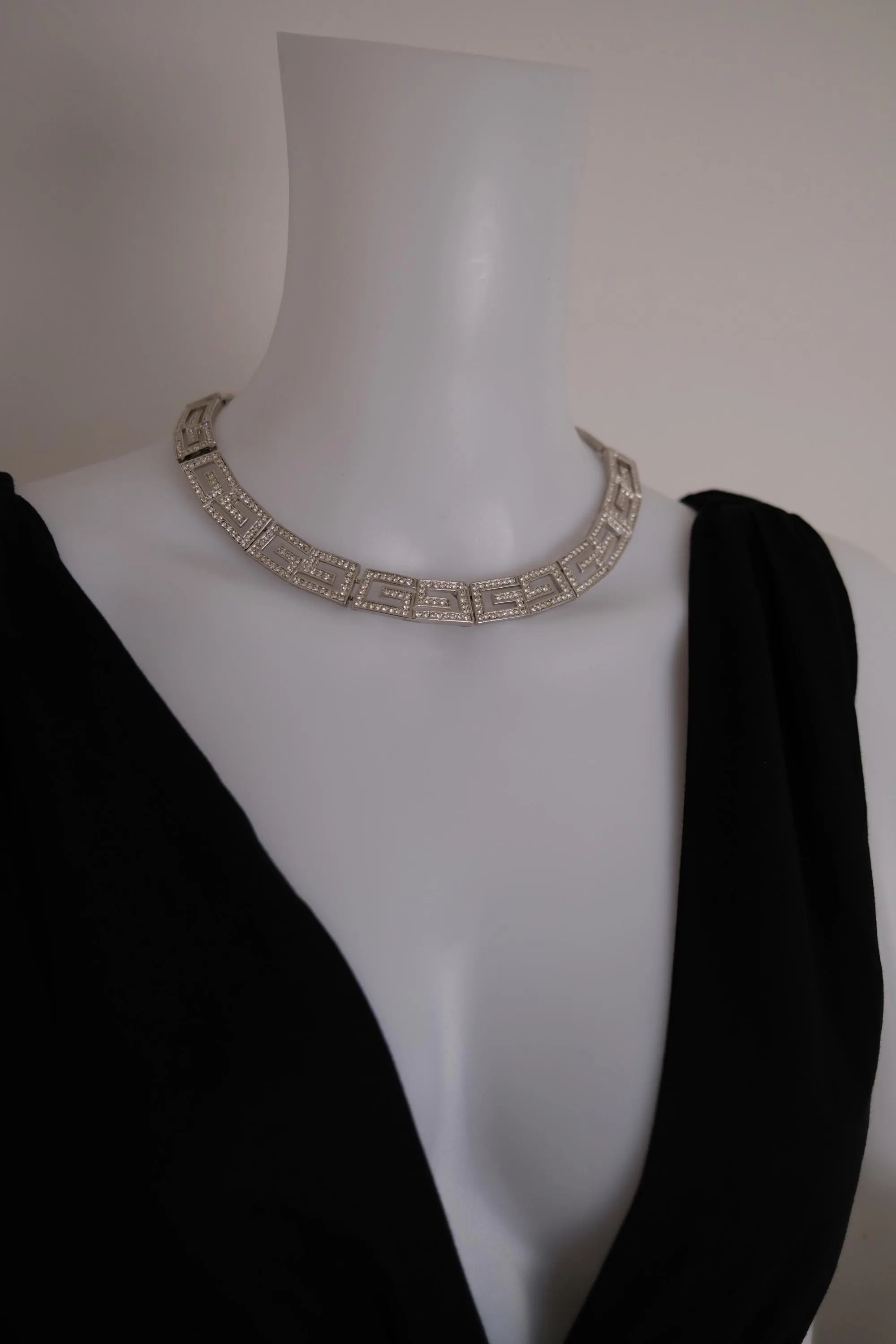 Rare vintage Givenchy crystal G logo choker necklace and matching clip-on earrings set in silver-tone metal