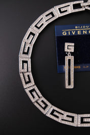 Rare vintage Givenchy crystal G logo choker necklace and matching clip-on earrings set in silver-tone metal