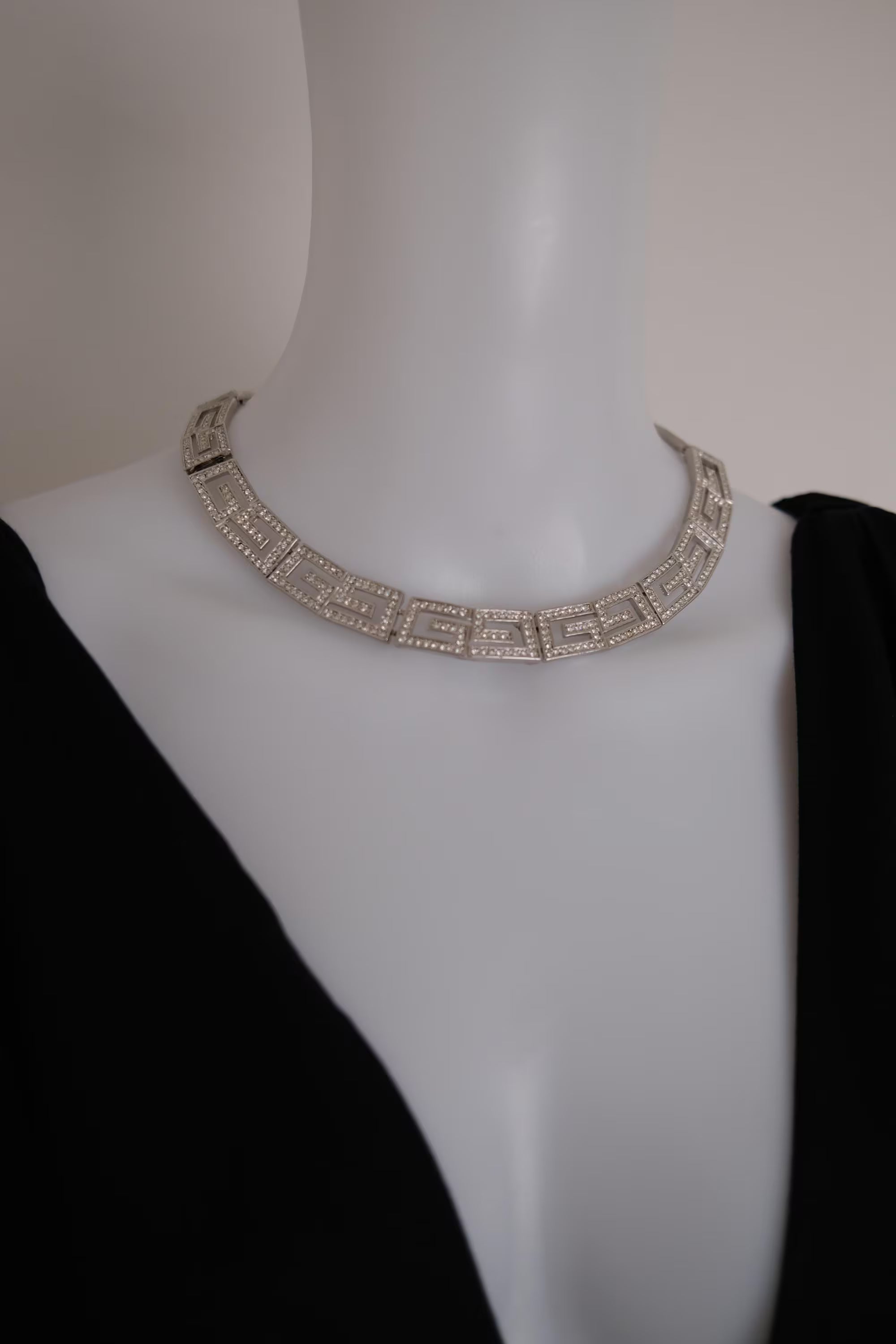 Rare vintage Givenchy crystal G logo choker necklace and matching clip-on earrings set in silver-tone metal
