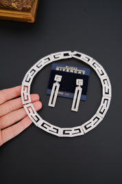 Rare vintage Givenchy crystal G logo choker necklace and matching clip-on earrings set in silver-tone metal