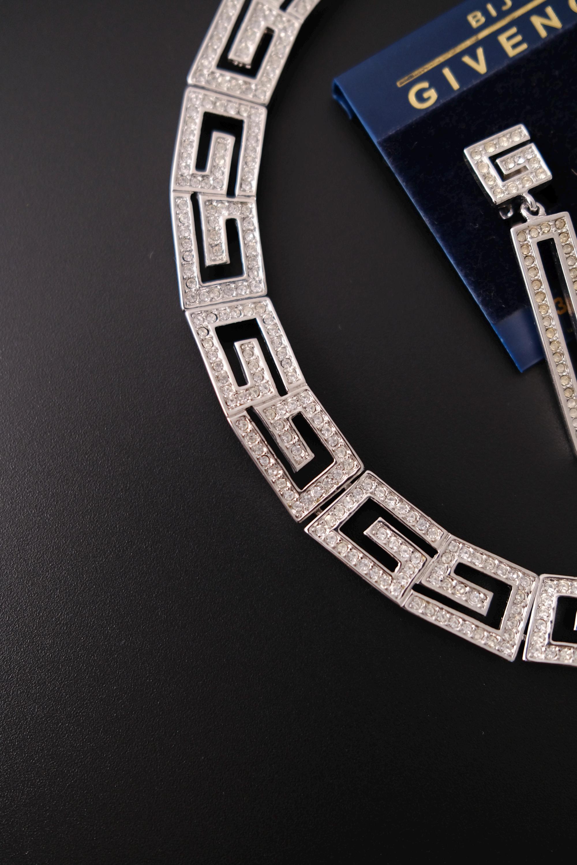 Rare vintage Givenchy crystal G logo choker necklace and matching clip-on earrings set in silver-tone metal