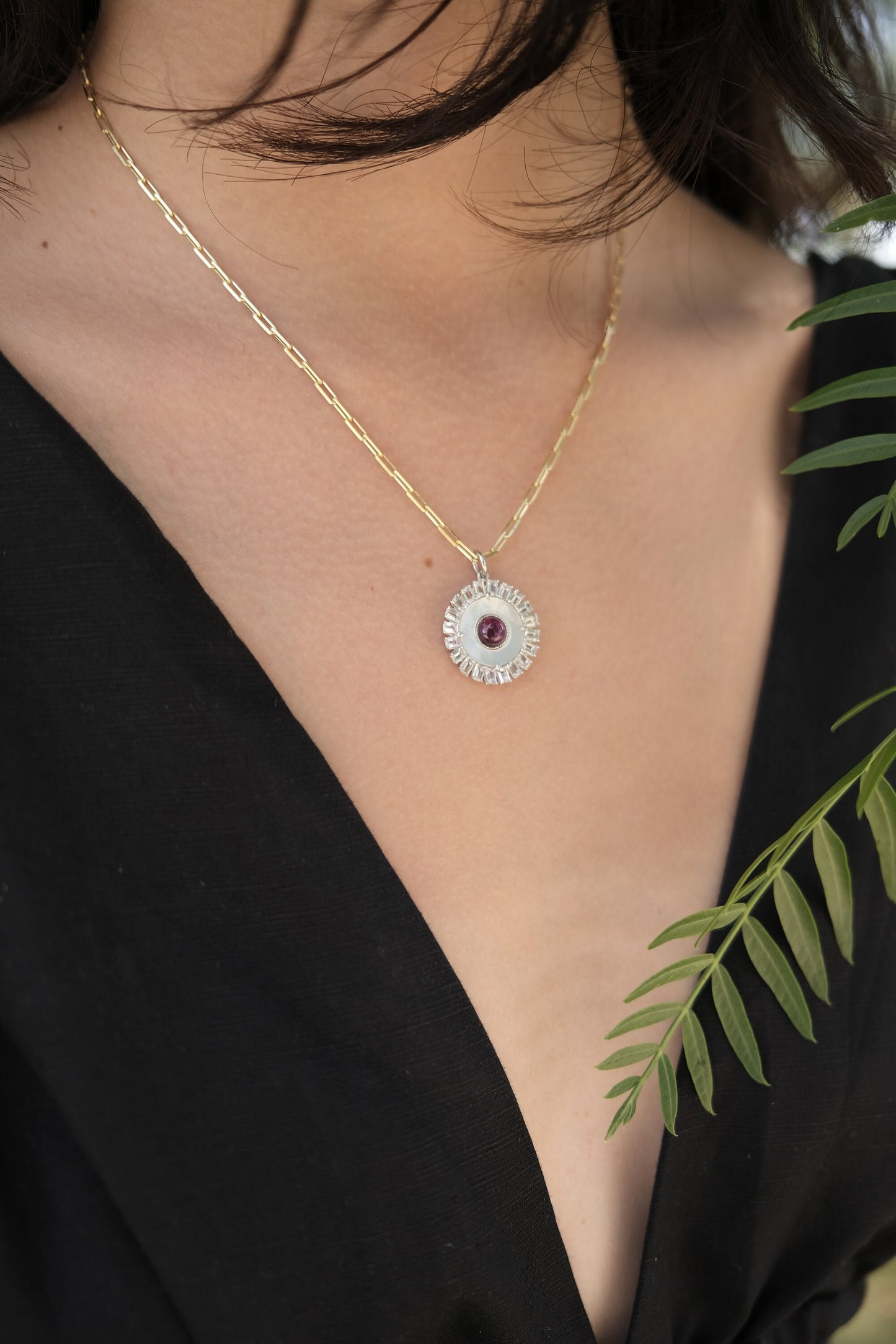 【Rose Rhodolite Rhodium Plated】Lucky Charm Pendant Necklace Evil Eye Sterling Silver925 Mother of Pearl Beautiful