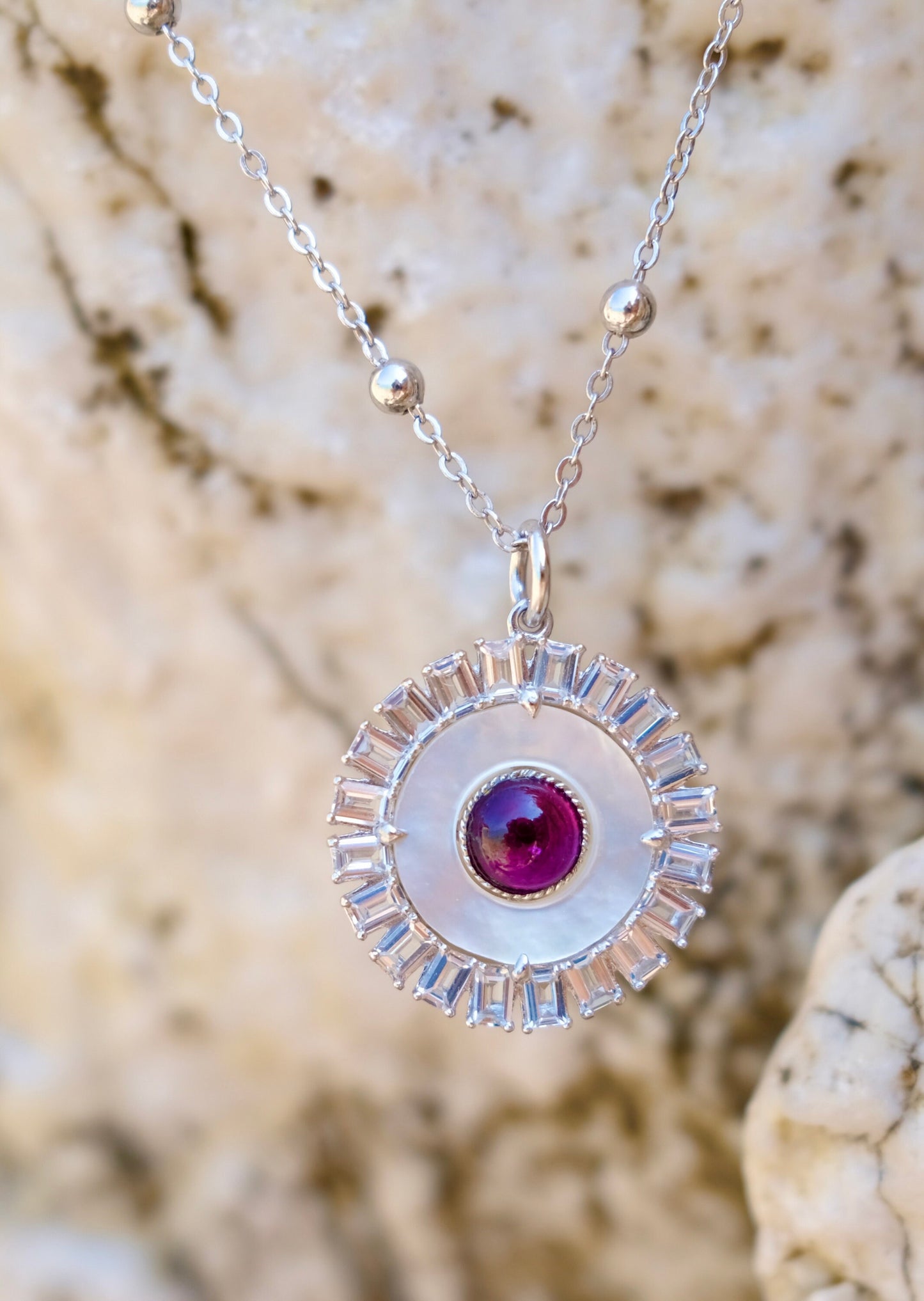 【Rose Rhodolite Rhodium Plated】Lucky Charm Pendant Necklace Evil Eye Sterling Silver925 Mother of Pearl Beautiful