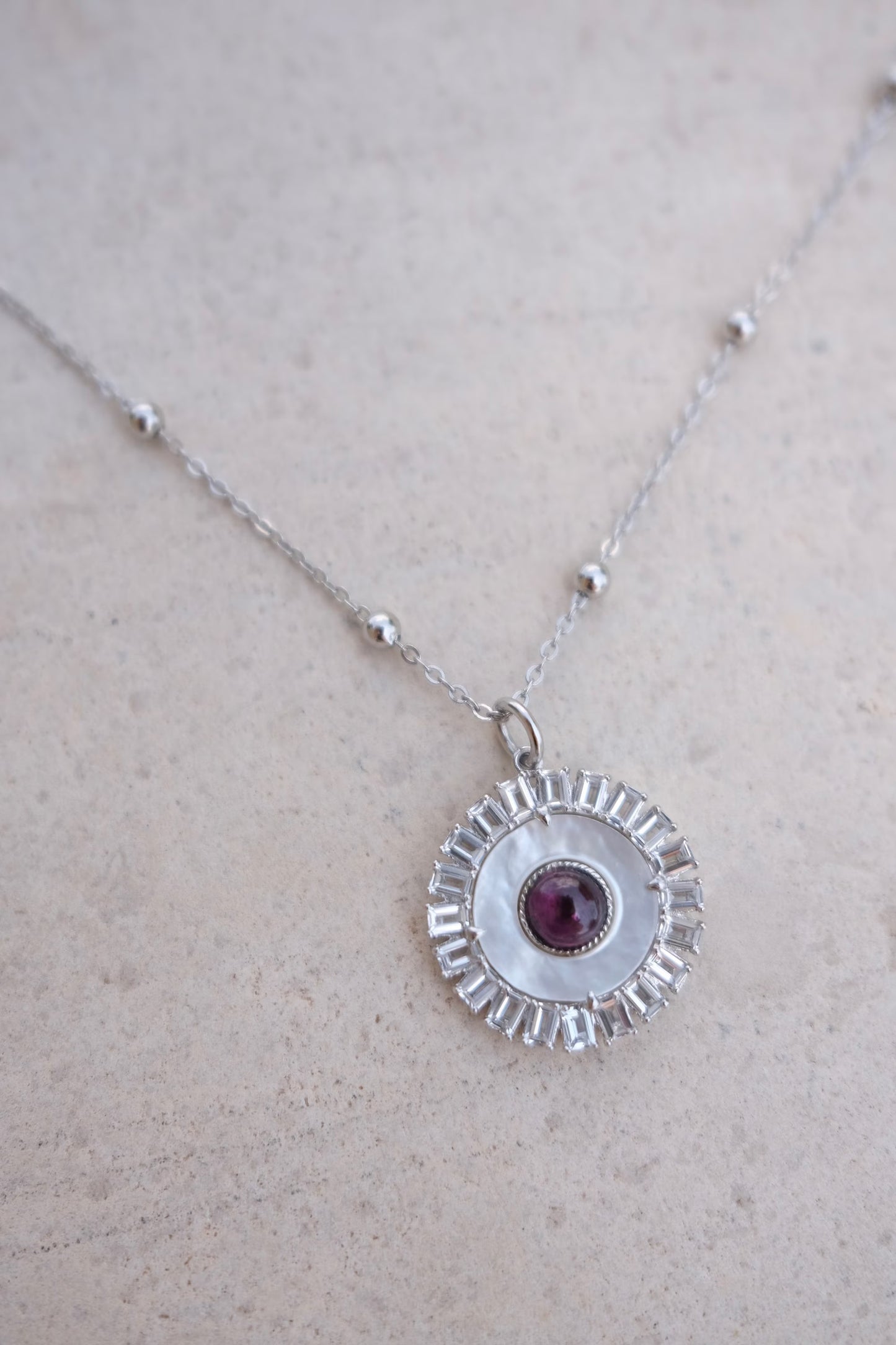 【Rose Rhodolite Rhodium Plated】Lucky Charm Pendant Necklace Evil Eye Sterling Silver925 Mother of Pearl Beautiful