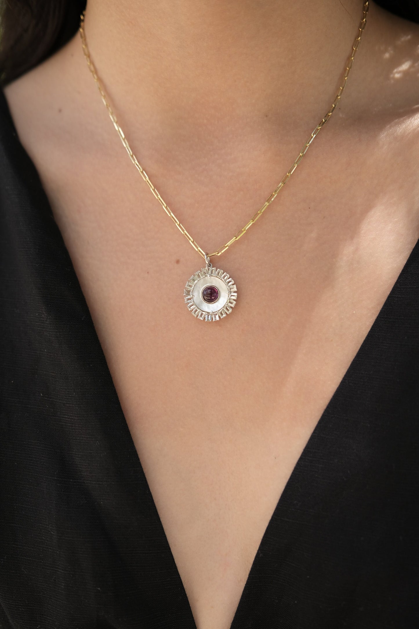 【Rose Rhodolite Rhodium Plated】Lucky Charm Pendant Necklace Evil Eye Sterling Silver925 Mother of Pearl Beautiful