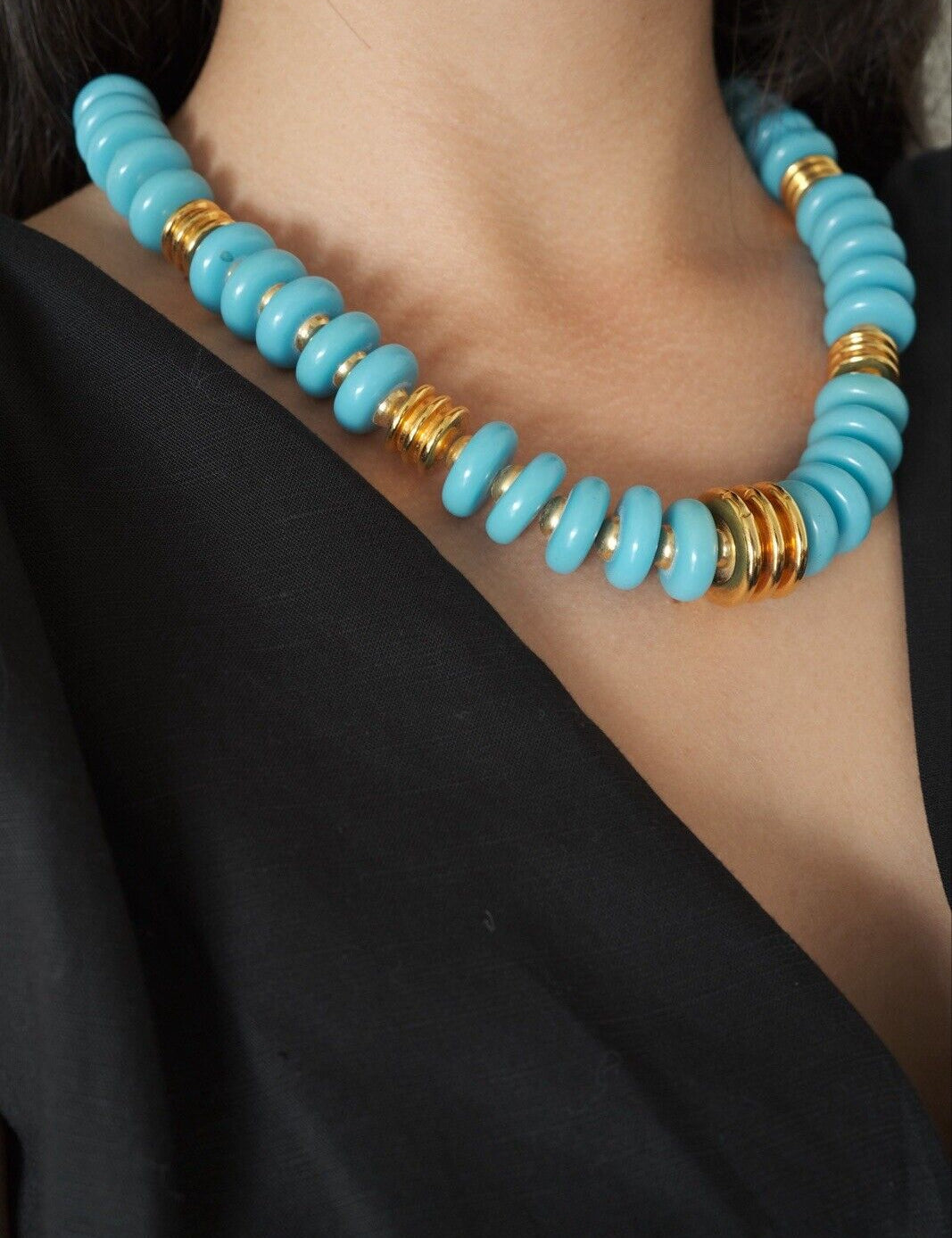 Vintage YSL Necklace, Yves Saint Laurent, Rare Jewelry, Turquoise Necklace, Gold Tone Necklace, Blue Chunky Necklace, Adjustable Length