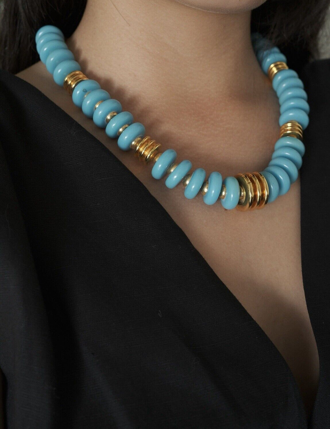 Vintage YSL Necklace, Yves Saint Laurent, Rare Jewelry, Turquoise Necklace, Gold Tone Necklace, Blue Chunky Necklace, Adjustable Length