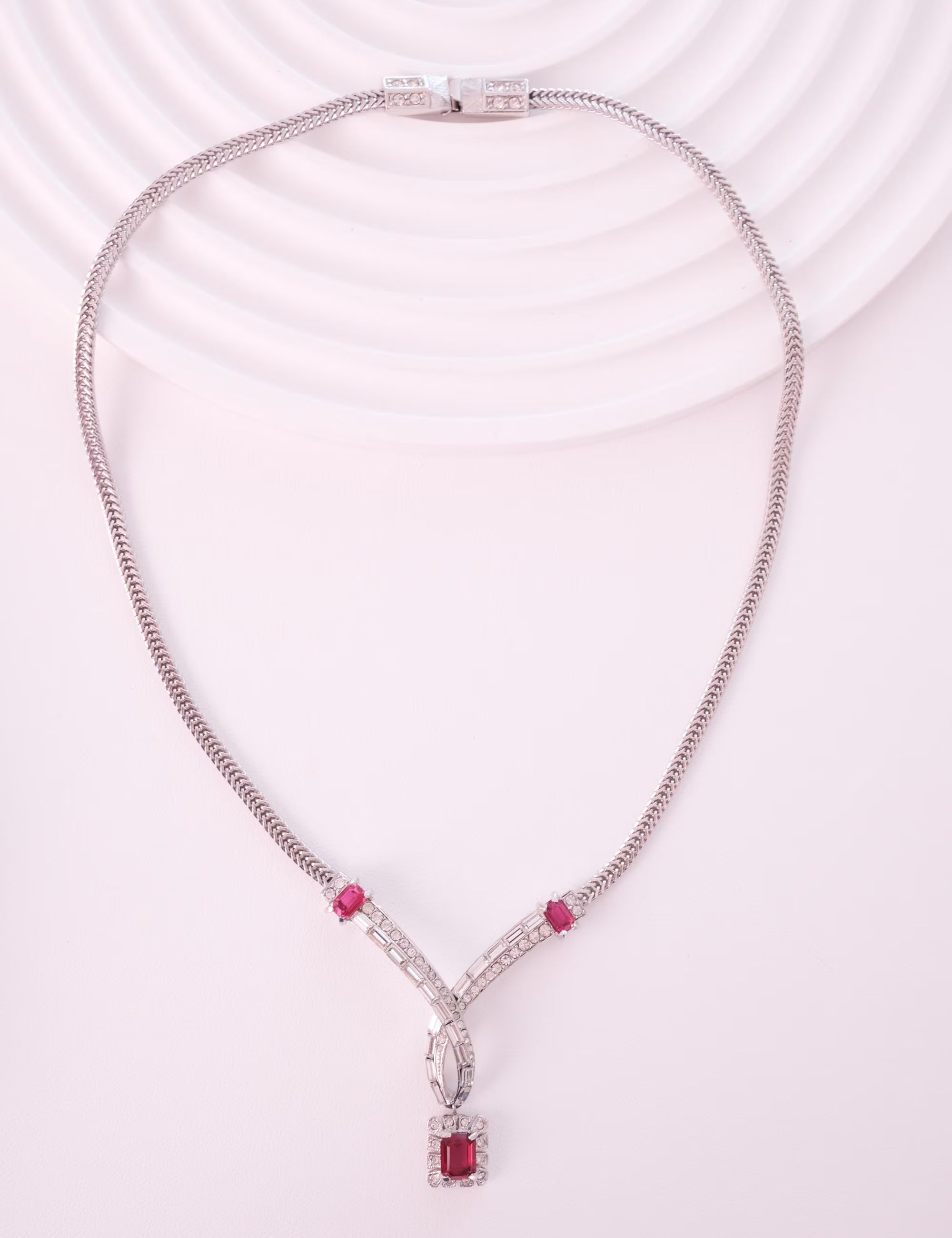 Vintage Attwood and Sawyer silver statement choker with ruby red crystals and clear rhinestones