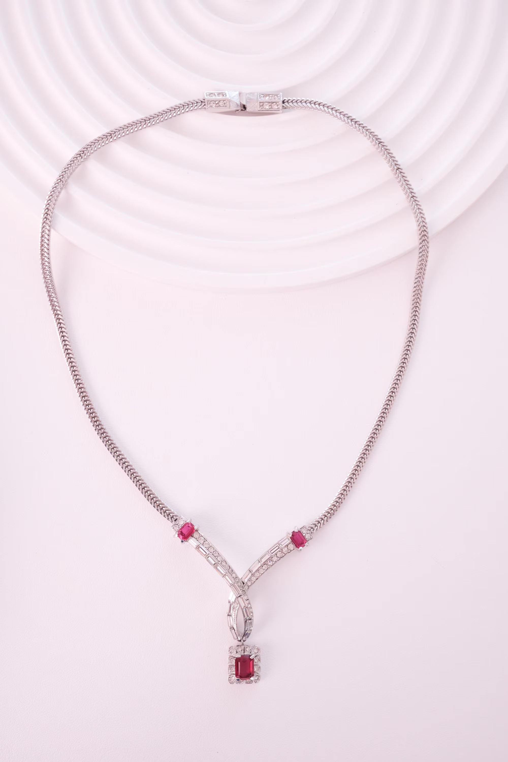 Vintage Attwood and Sawyer silver statement choker with ruby red crystals and clear rhinestones