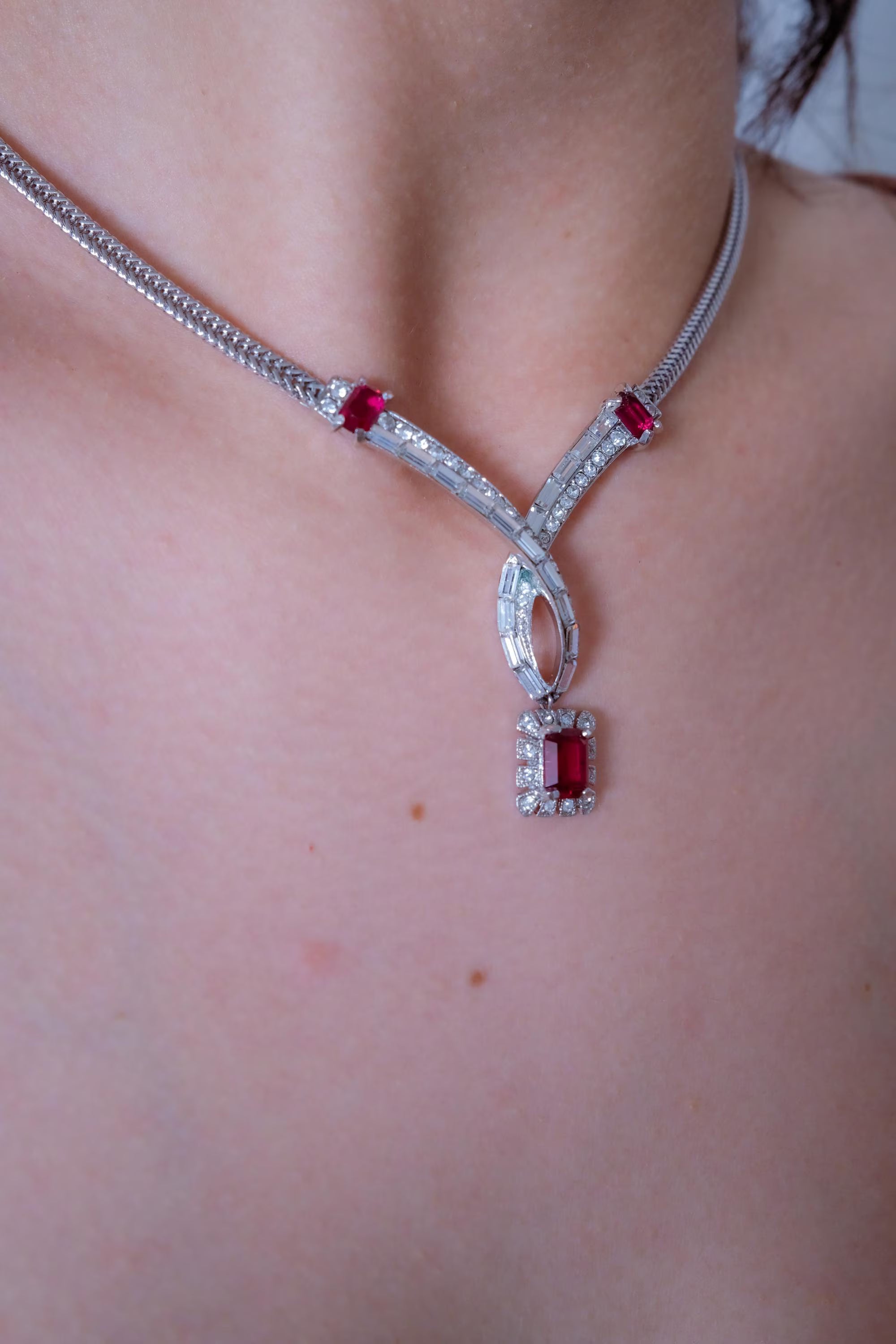 Vintage Attwood and Sawyer silver choker necklace with ruby red crystals and rhinestones