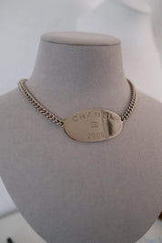 Vintage CHANEL 2000 silver-tone multi-chain choker necklace with oversized CHANEL centerpiece and iconic CC logo