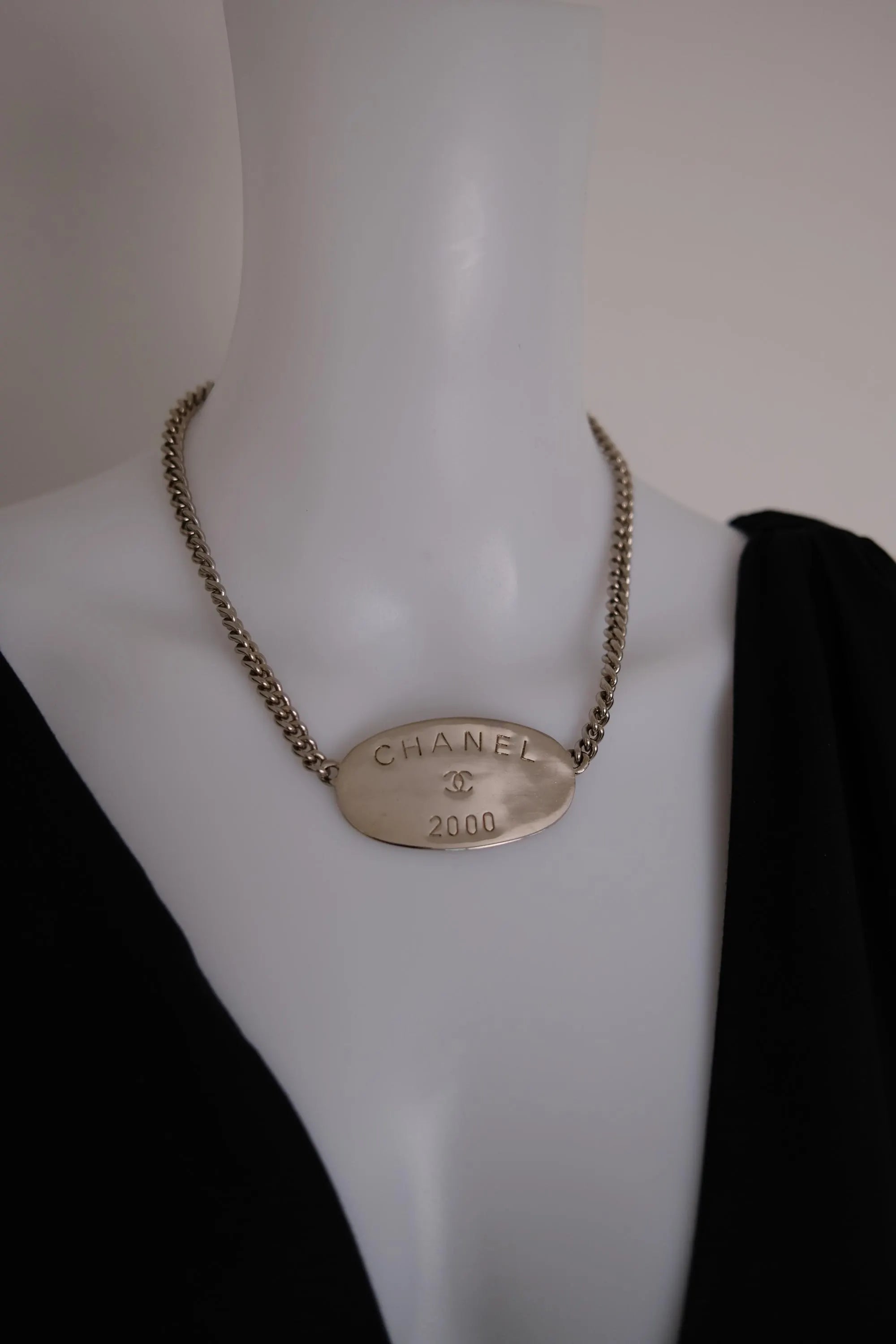 Vintage CHANEL 2000 silver-tone multi-chain choker necklace with oversized CHANEL centerpiece and iconic CC logo