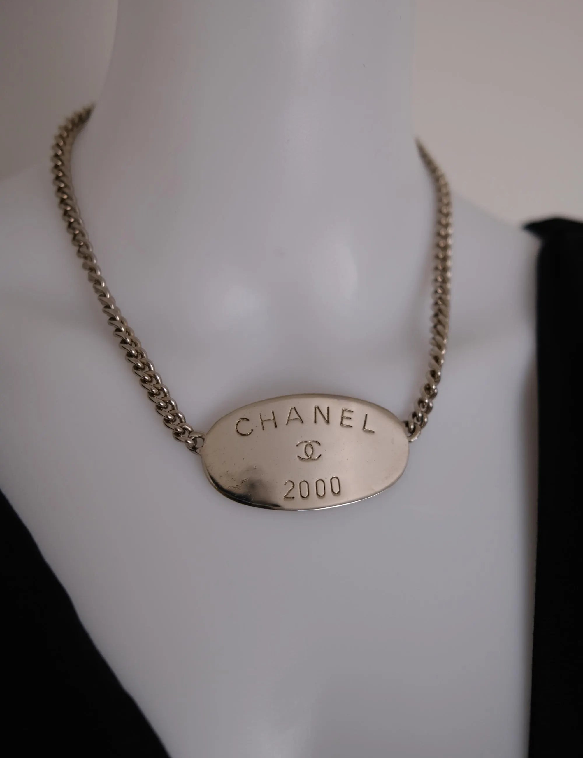 Vintage CHANEL 2000 silver-tone multi-chain choker necklace with oversized CHANEL centerpiece and iconic CC logo