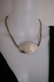 Vintage CHANEL 2000 silver-tone multi-chain choker necklace with oversized CHANEL centerpiece and iconic CC logo