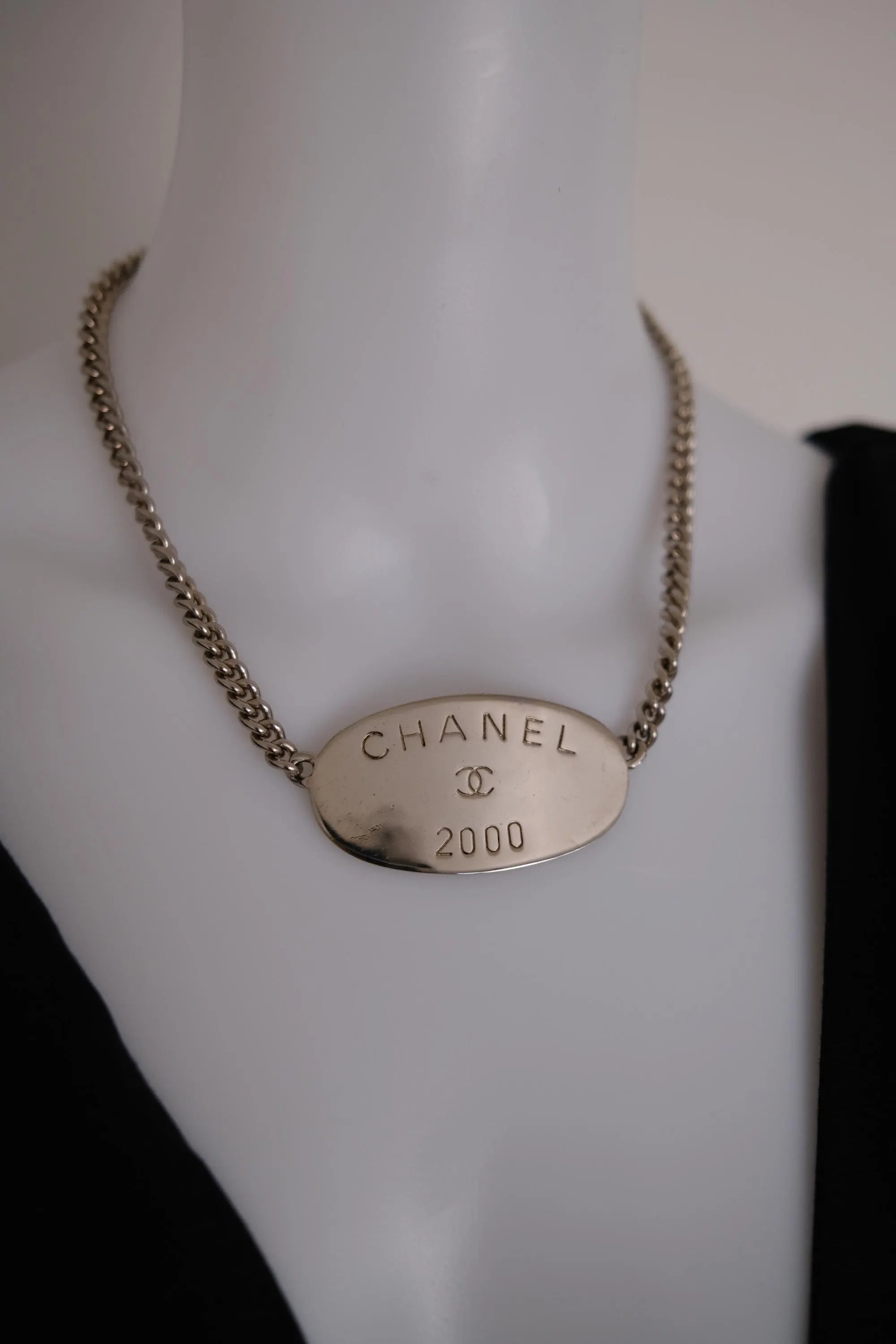 Vintage CHANEL 2000 silver-tone multi-chain choker necklace with oversized CHANEL centerpiece and iconic CC logo