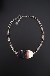 Vintage CHANEL 2000 silver-tone multi-chain choker necklace with oversized CHANEL centerpiece and iconic CC logo