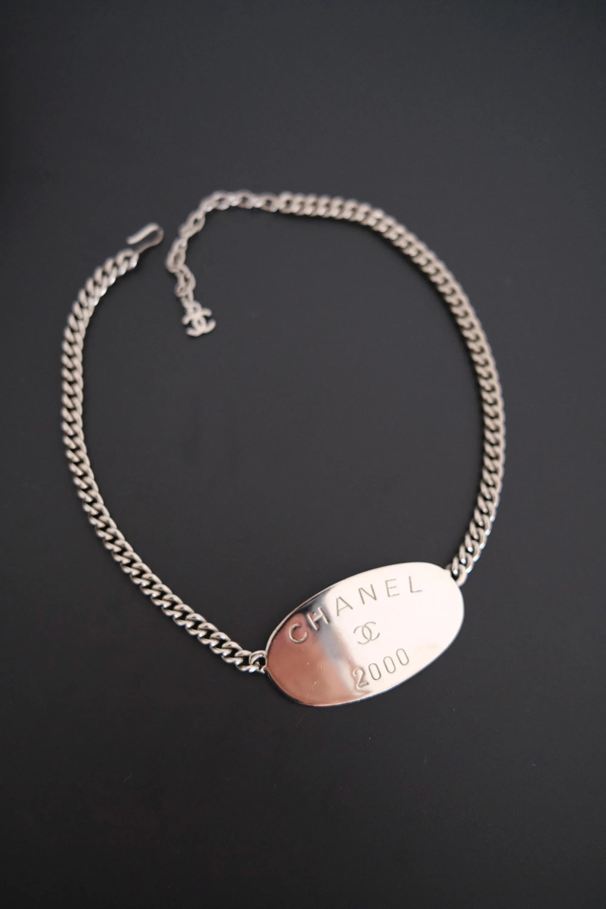 Vintage CHANEL 2000 silver-tone multi-chain choker necklace with oversized CHANEL centerpiece and iconic CC logo