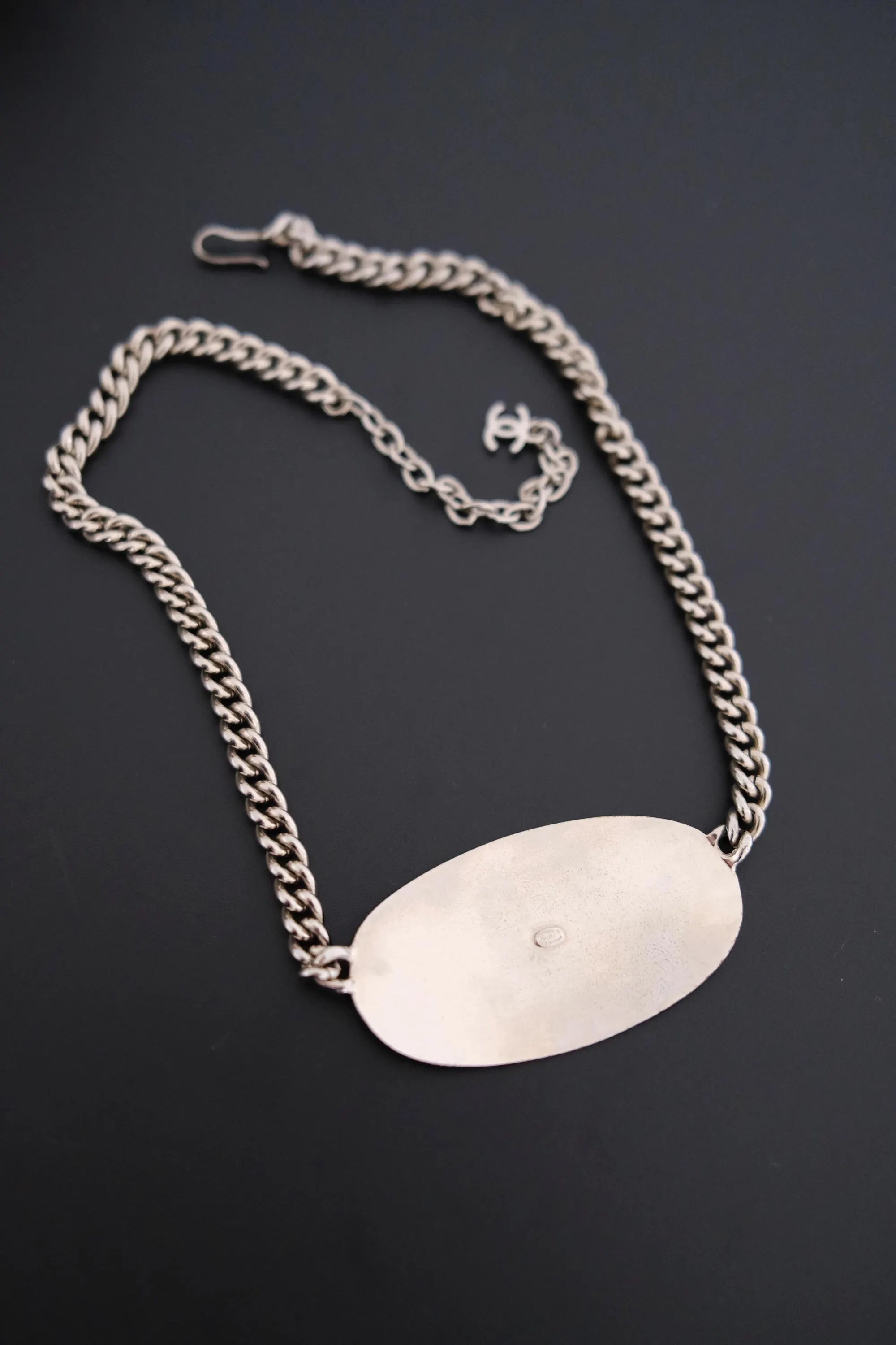 Vintage CHANEL 2000 silver-tone multi-chain choker necklace with oversized CHANEL centerpiece and iconic CC logo
