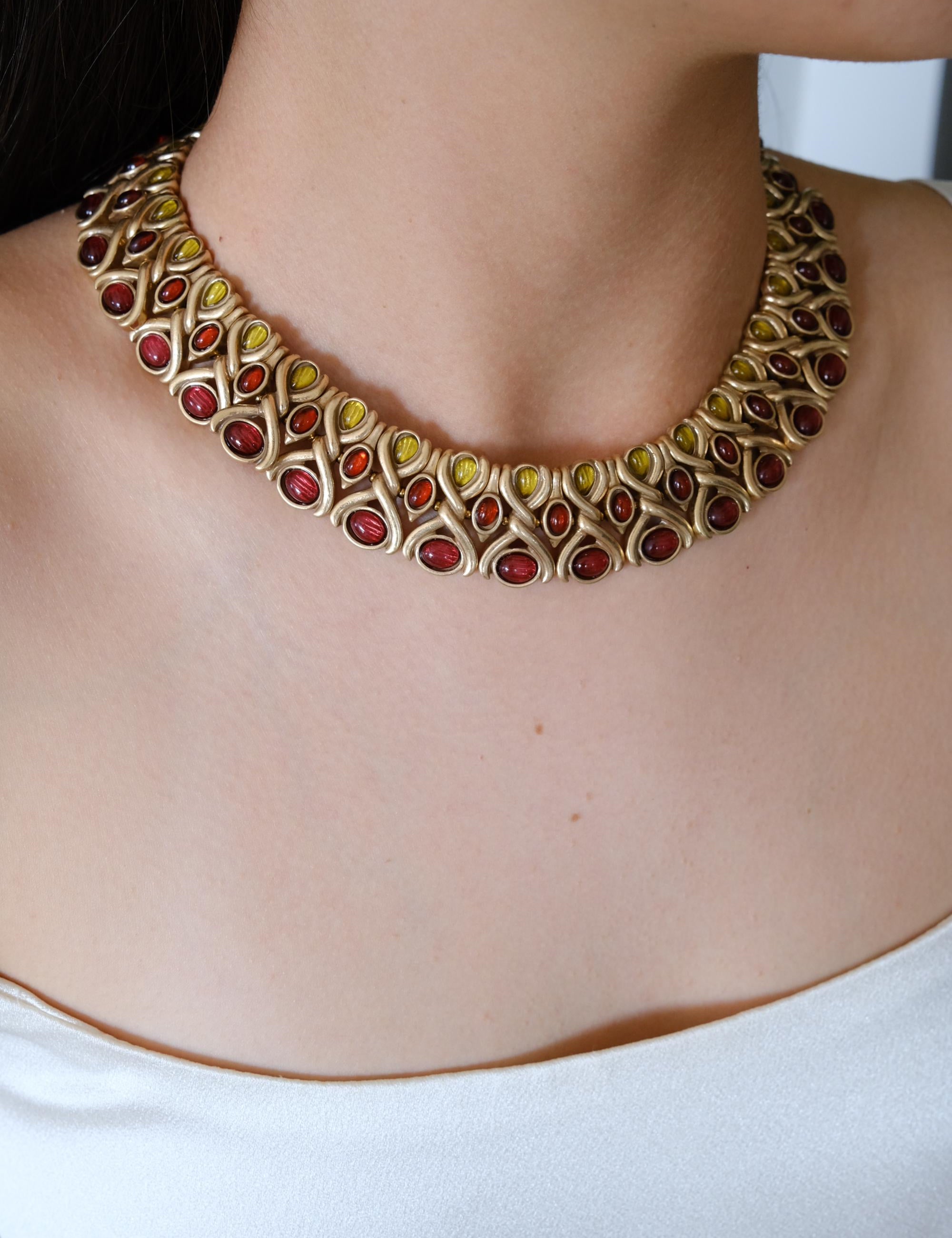 Vintage cabochon charm choker necklace, bridal style link chain women jewelry