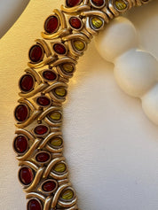 Vintage cabochon charm choker necklace, bridal style link chain women jewelry