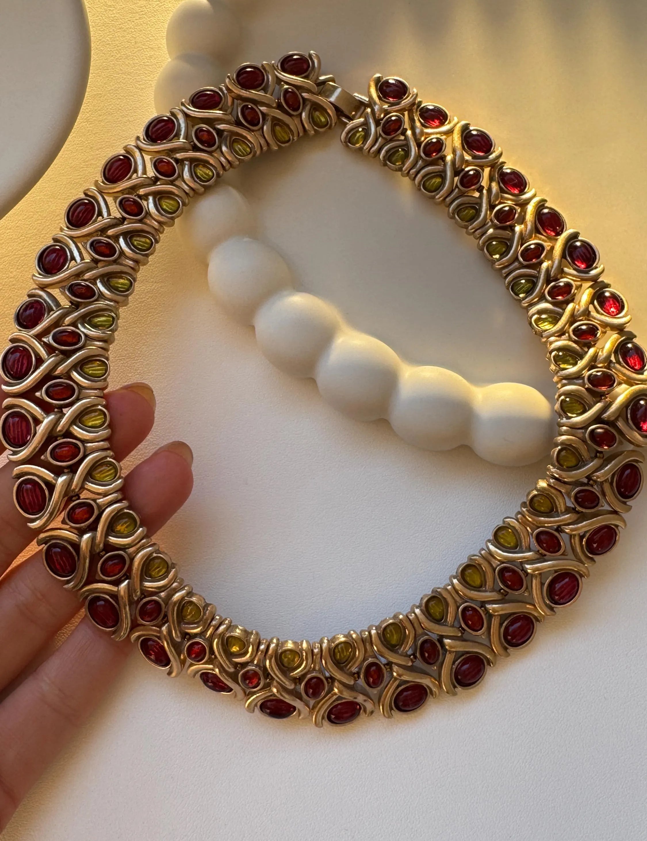 Vintage cabochon charm choker necklace, bridal style link chain women jewelry