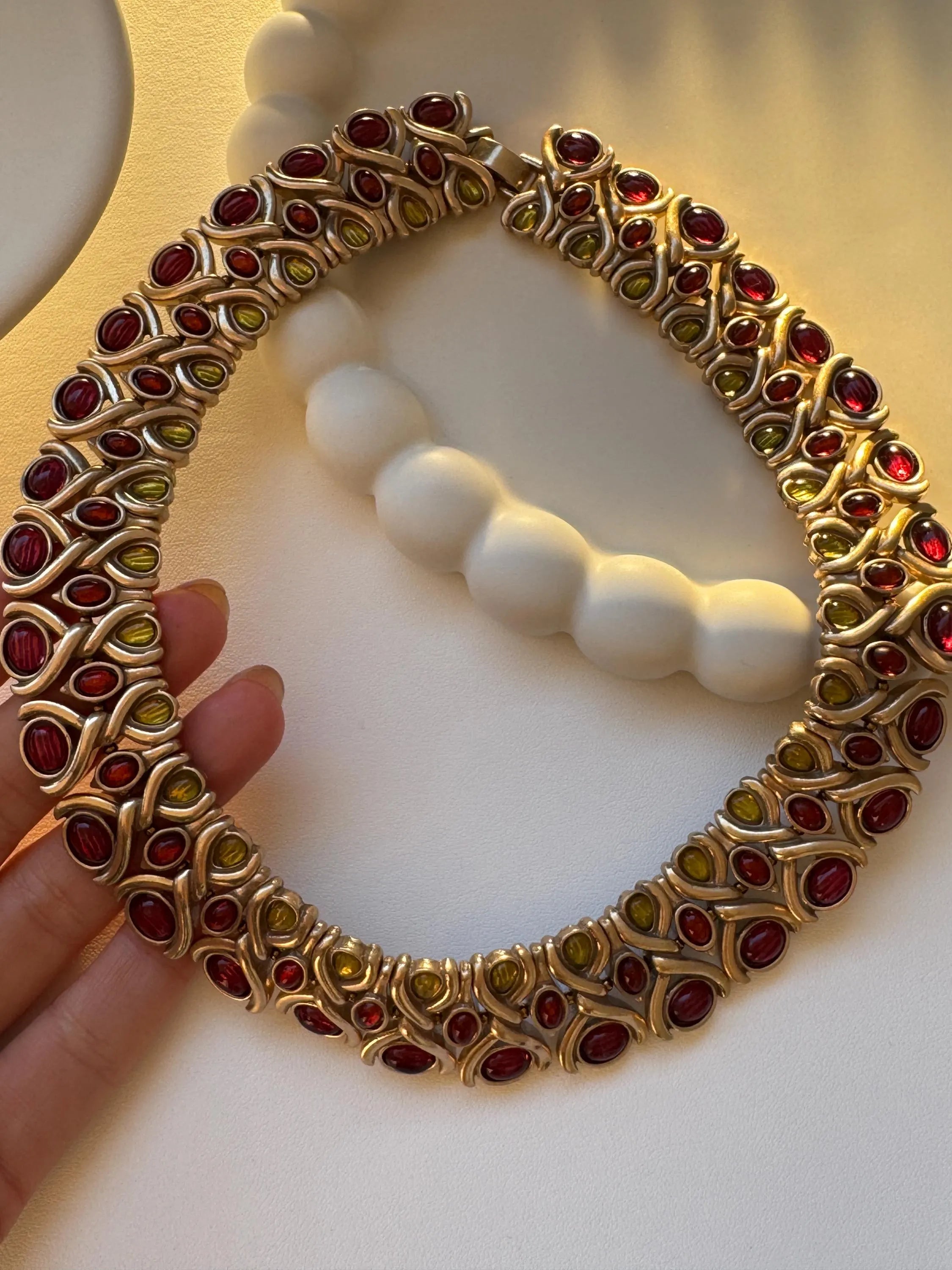 Vintage cabochon charm choker necklace, bridal style link chain women jewelry