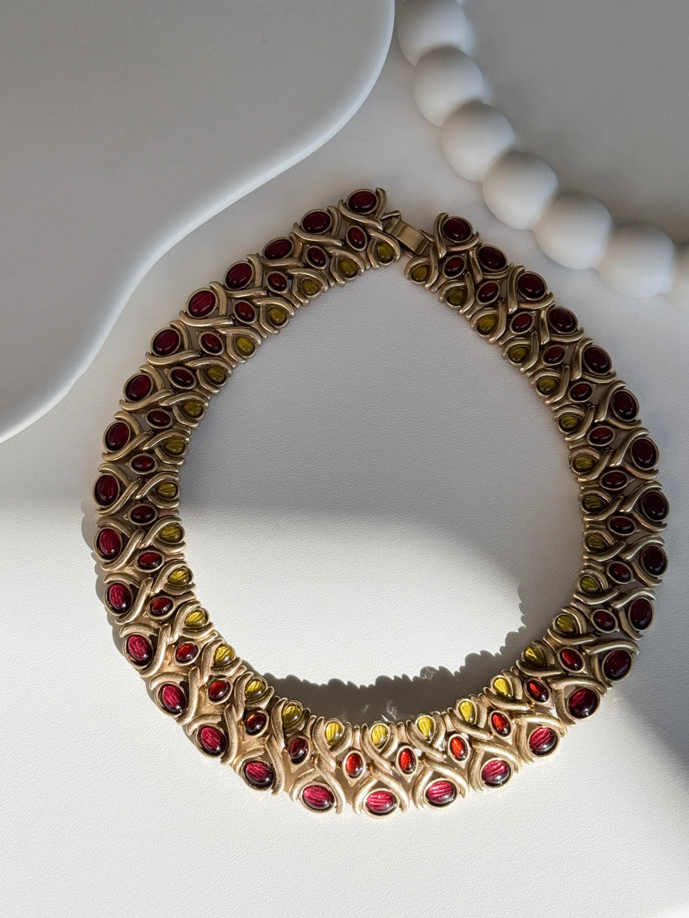 Vintage cabochon charm choker necklace, bridal style link chain women jewelry