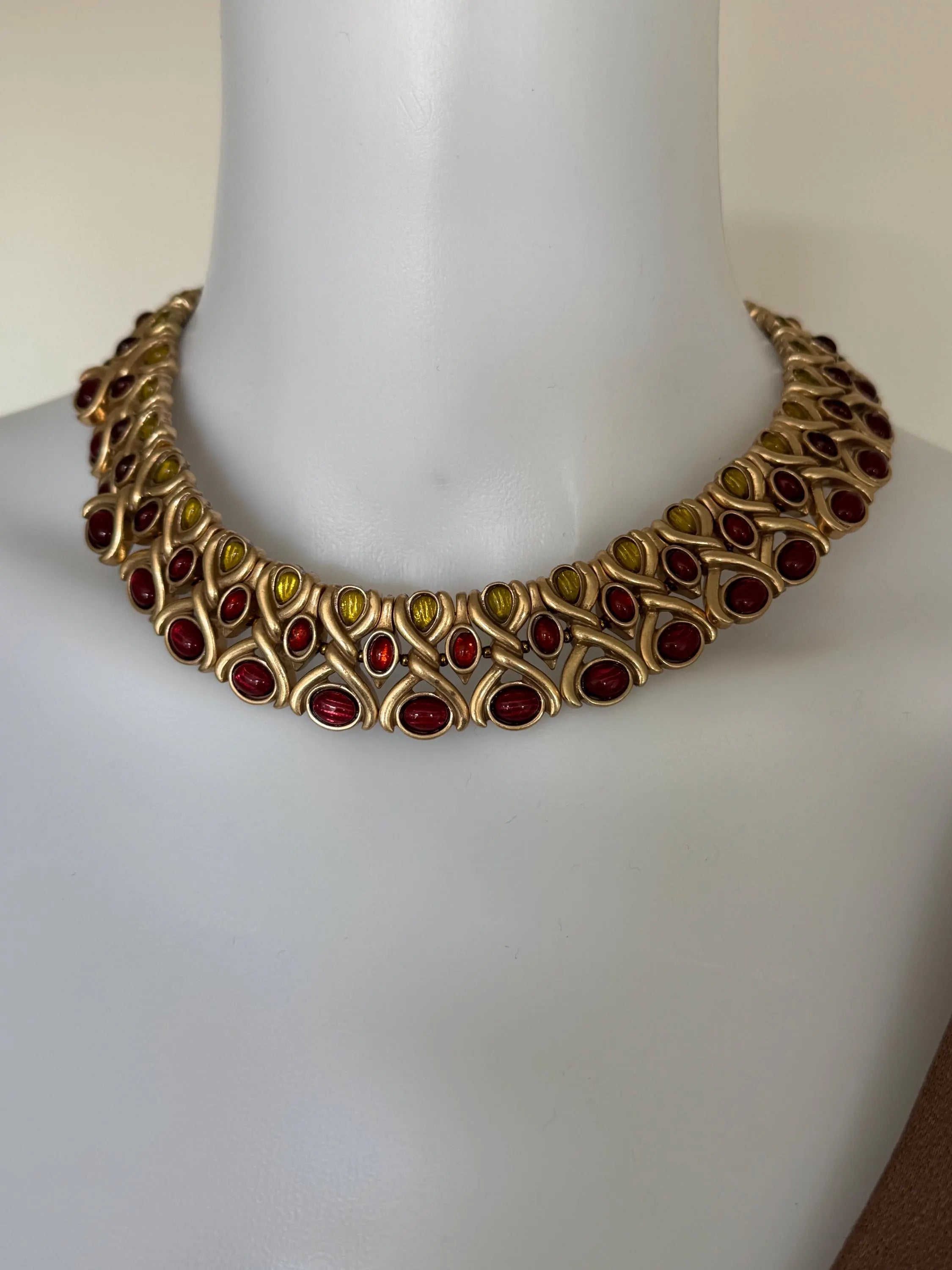 Vintage cabochon charm choker necklace, bridal style link chain women jewelry