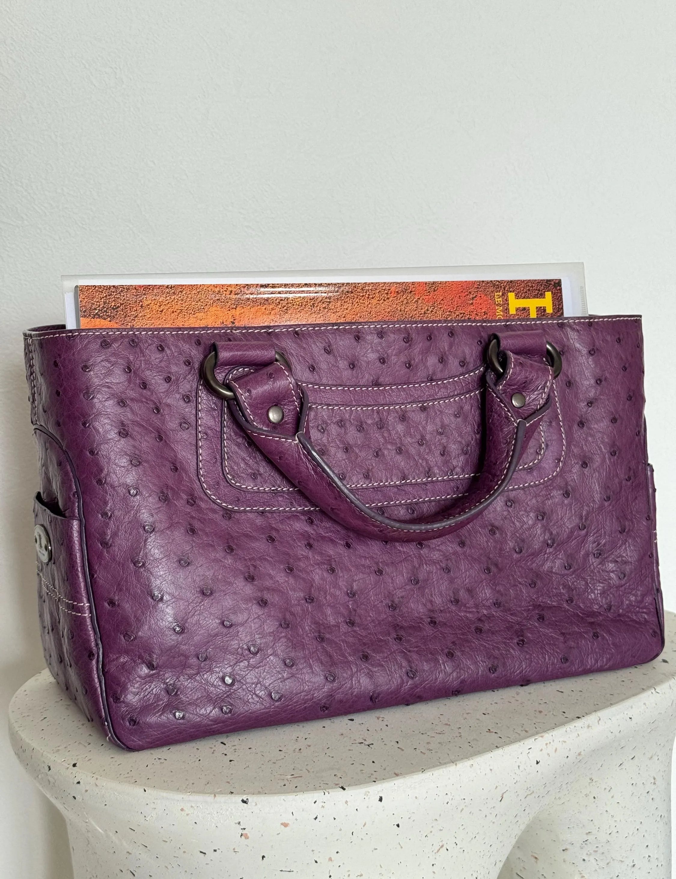 Vintage Celine Paris Made in Italy Top Handle  Handbag bag Triomphe Boogie Ostrich purple leather beautiful vintage bag