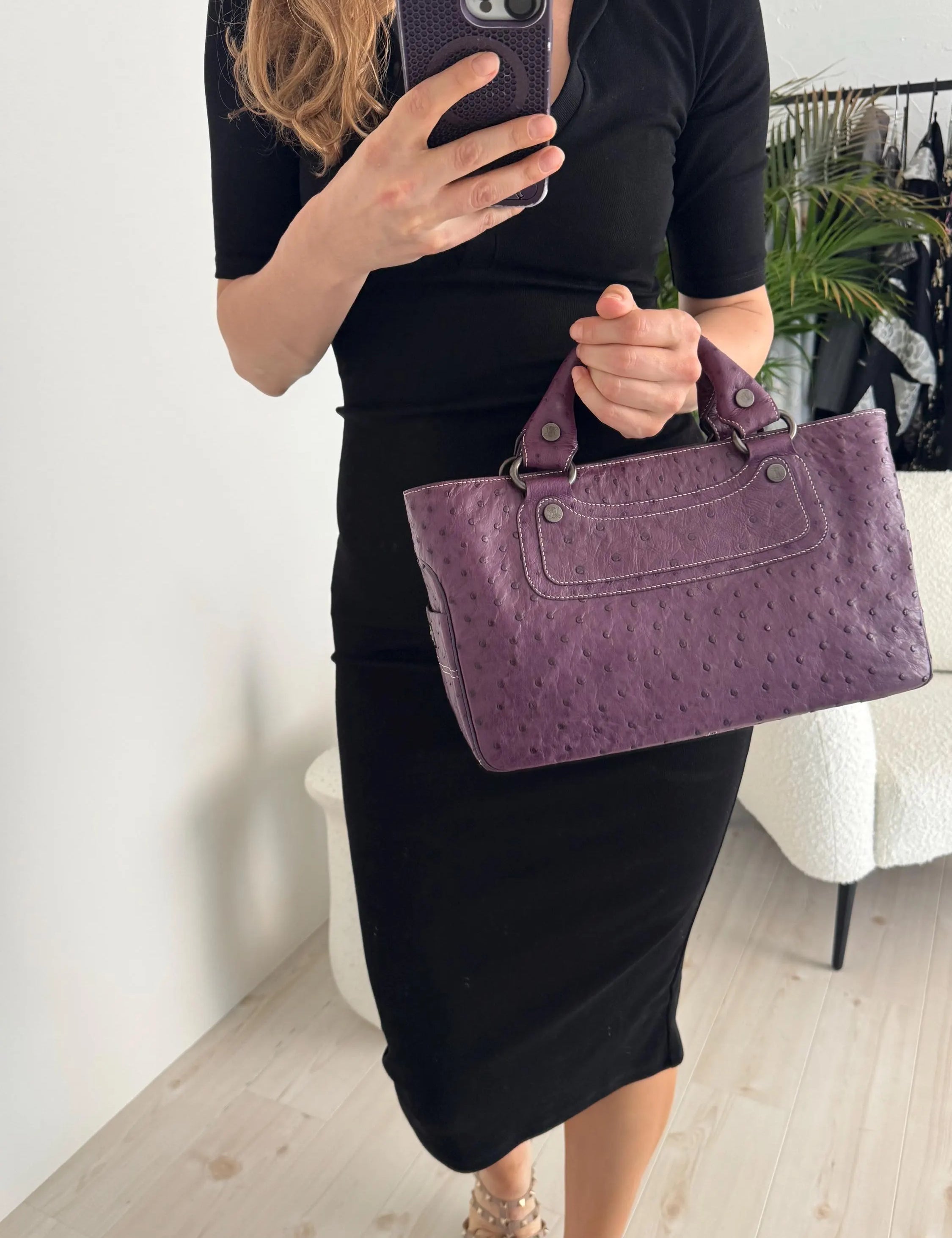 Vintage Celine Paris Made in Italy Top Handle  Handbag bag Triomphe Boogie Ostrich purple leather beautiful vintage bag
